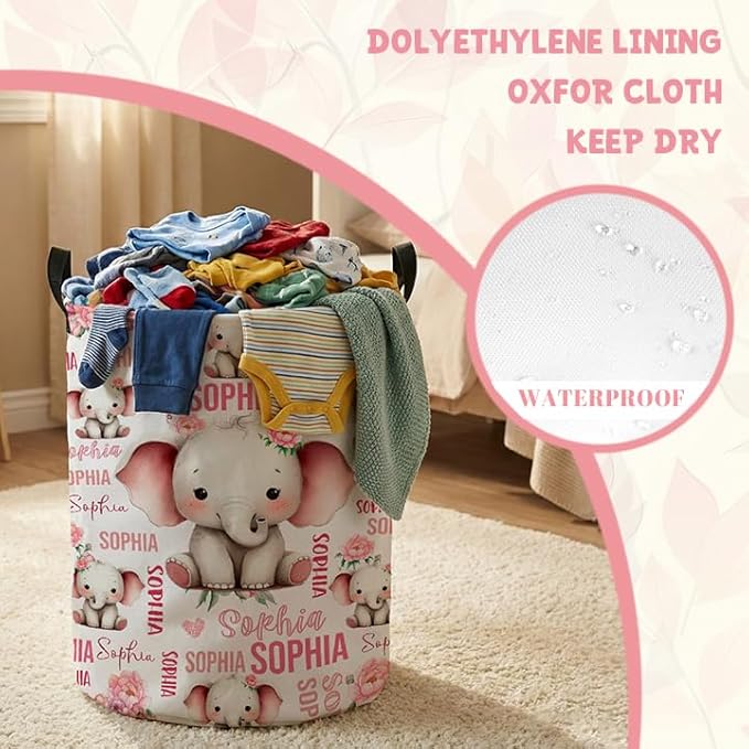 Custom Elephant Laundry Baskets,Personalized Elephant Gifts,Customize Name Laundry Hamper for Boys Girls Adults,Collapsible Clothes Storage Organizer,16.5 x 13.8in