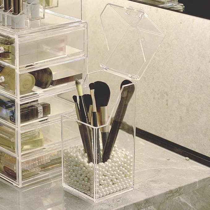 EUBUY Acrylic Makeup Organizer, Clear Cosmetic Makeup Brush Organizer and Storage Box with Cover for Vanity, Large-capacity Quickly Organize the Desktop(No pearls)