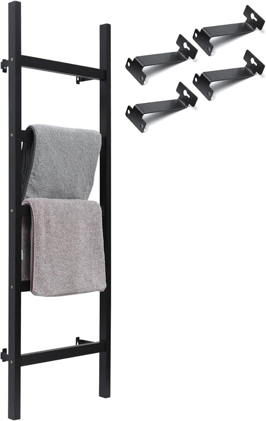 FUIN 57in Wall Mounted Wooden Blanket Ladder Living Room Decorative Farmhouse Quilt Display Holder Rustic Wood Towel Rack for Bathroom, Black