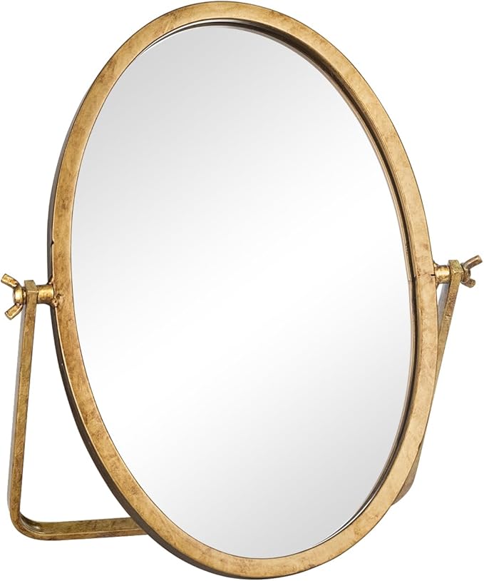 Vintage Makeup Desk Mirror, 11.8" L x 7.9" W Antique Gold Vanity Table Mirror, Metal Framed Oval Small Standing Mirrors, 360 Adjustable Rotation Mirrors for Tabletop, Bathroom