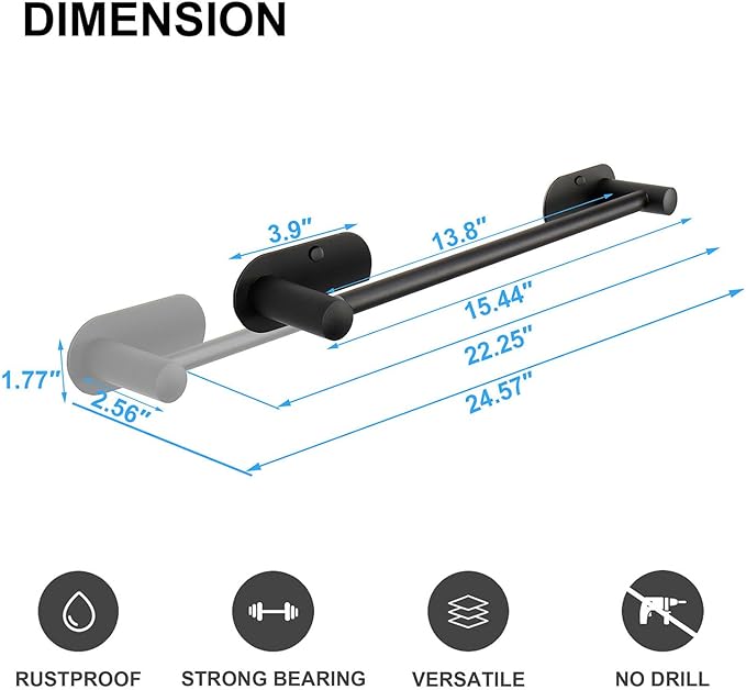 TocTen Self Adhesive Towel Bar, Stick Bath Towel Rack for Bathroom Adjustable 16-24", Stainless Steel Bathroom Towel Holder, No Drill Stick on Wall Towel Hangers for Bathroom, Kitchen (Matte Black)