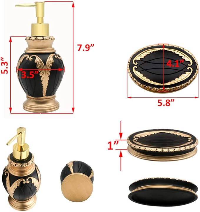 LUANT 4 Pieces Bathroom Accessory Set Including Tumbler, Toothbrush Holder, Soap Dish and Soap Dispenser, Black with Gold