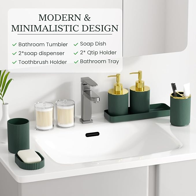 Dark Green Bathroom Accessories Set, 10PC Bathroom Set, Bath Accessory with Pop Up Trash Can, Soap Dispenser, Toilet Brush, Toothbrush Set Qtip Holders & Tray