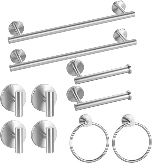 Brushed Nickel Bathroom Hardware Set 10 Pieces, Bathroom Towel Rack Holder Set Wall Mounted, SUS304 Stainless Steel Towel Bar Set - 16 Inch Towel Bar, Toilet Paper Holder, Towel Hooks, Towel Ring