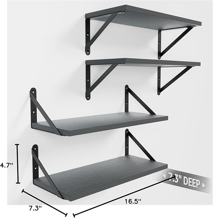 COCOYA Wall Shelves 7.3" Deep Set of 4, Solid Paulownia Wood Wider Longer Sturdy Easy to Install Wall Mounted Bookshelves Storage Shelves Bathroom Home Office Laundry Room Bedroom Organizer Gray