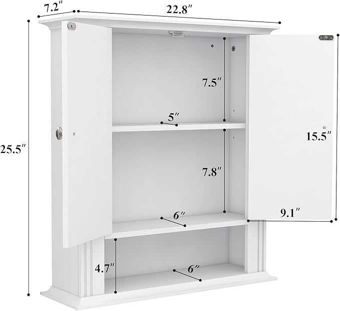 White Bathroom Wall Cabinet, Over the Toilet Storage Cabinet, Bathroom Cabinet Wall Mount, 2 Doors & Hooks, Medicine Cabinet Organizer, Hanging Wall Cabinet Cupboard for Kitchen Laundry Room White