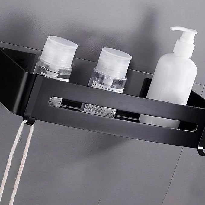Wall Mounted Stylish Bathroom Shelf with Strong Load Bearing, Aluminum Alloy Kitchen Rack, Corner Storage Organizer for Home and Hotel (Rectangular Black)