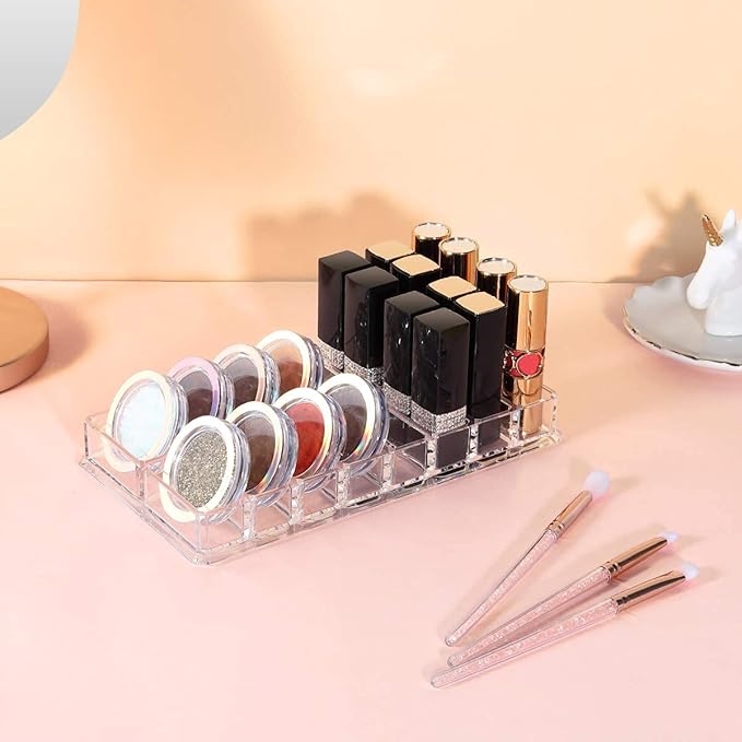 Luxspire Acrylic Eyeshadow Organizer, Makeup Drawer Organizer 16 Slots Cosmetic Makeup Organizer for Pots, Eyeshadows, Mini Highlighter Blush Display Storage Case Beauty Care Holder Container - Clear