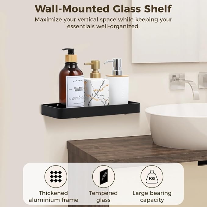 for Kitchen Bathroom, Aluminum Frame Glass Storage Organizer, Wall-Mounted Bathroom Floating Shelf, Rectangular Tempered Glass Bathroom Shelf