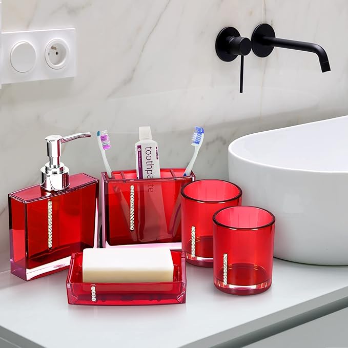 Red Bathroom Accessories Set Bathroom Designer 5-Piece Bath Accessory Set,Acrylic Gift Set Toothbrush Holder Toothbrush Cup Dispenser Dish Toilet Brush Holder Trash Can Tumbler