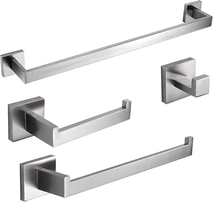 BAGNOLUX Bathroom Hardware Set 4 Pieces, Bath Towel Holder Set SUS304 Stainless Steel, Towel Bar Rack Set for Wall Mounted, Square Bathroom Accessories Set Fixture Heavy Duty Brushed Nickel