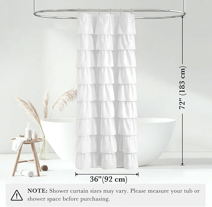 Seasonwood Small White Ruffle Shower Curtain Farmhouse Vintage Handcrafted Rustic Decorative Fabric Shower Curtains for Bathroom, 36" x 72"