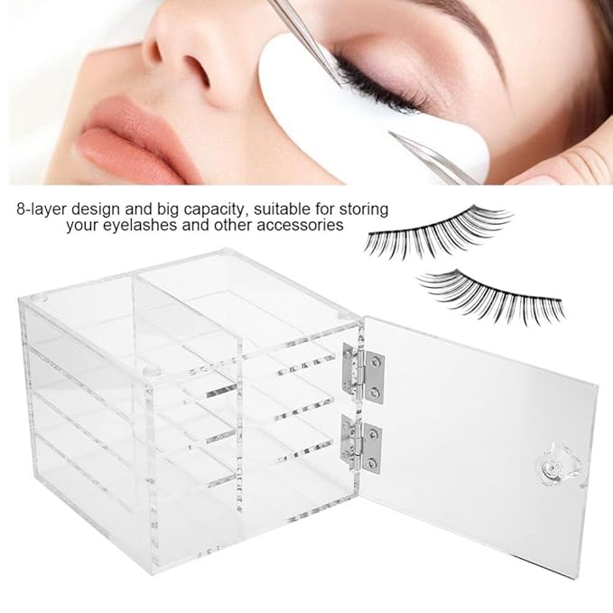 Clear Eyelash Storage Box, 8 Layer False Eyelash Extension Display Box, Acrylic Eyelash Storage Case Eyelash Extension Graft Tool Eyelash Adhesive Pallet Holder False Eyelash Organizer Tool
