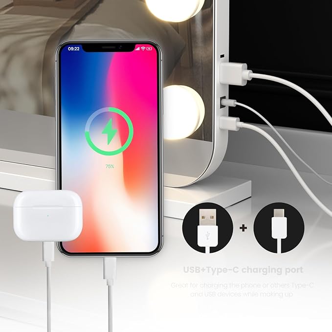 Vanity Mirror with Lights, 23"×18" Hollywood Vanity Mirror with Lights 15 Dimmable LED Bulbs, 3 Color Modes, 10X Magnification, USB Charging Port, Tabletop or Wall-Mounted (White, 23 * 18)
