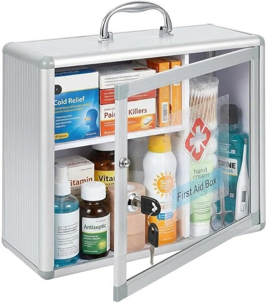 Garvee Medium Lockable Medicine Cabinet with Handle,Protable First Aid Cabinet Wall Mount with Sticker for Bathroom,13.78"×5.51"×11.81",Sliver