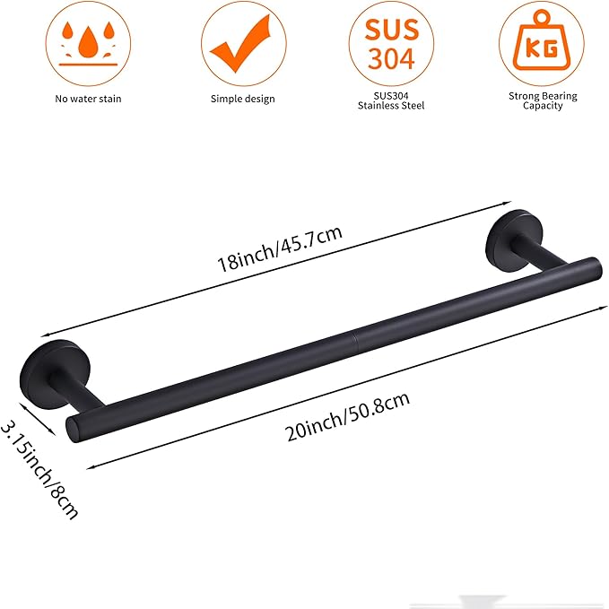 Bathroom Towel Bar, 18-Inch Towel Rack for Bathroom Wall Mounted, Matte Black Thicken SUS304 Stainless Steel Towel Rod Modern Home Decor(Total Length 20-Inch)