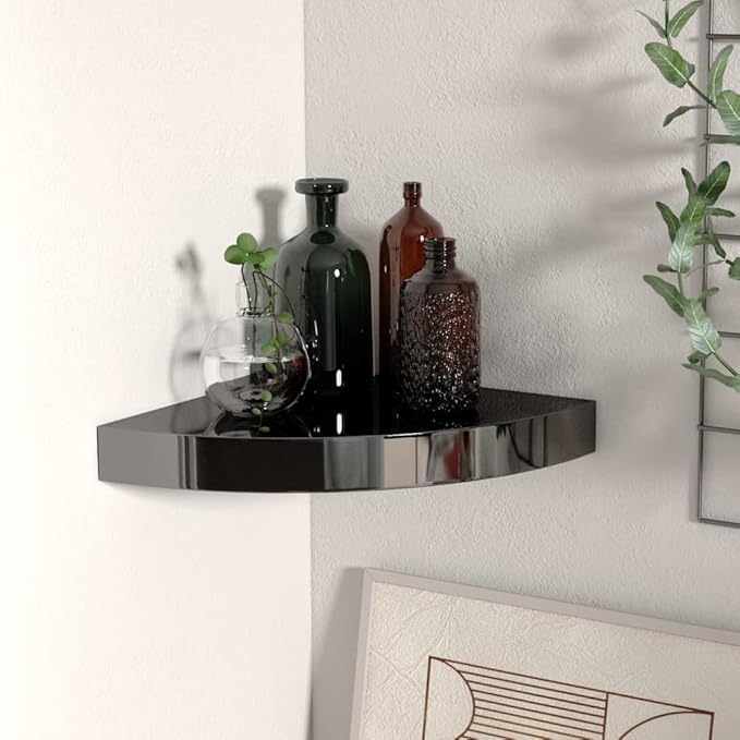 Floating Corner Shelf Wall Mounted 9.8"x9.8"x1.5" High Gloss Black Honeycomb MDF with Invisible Bracket for Bathroom Bedroom Living Room Decor