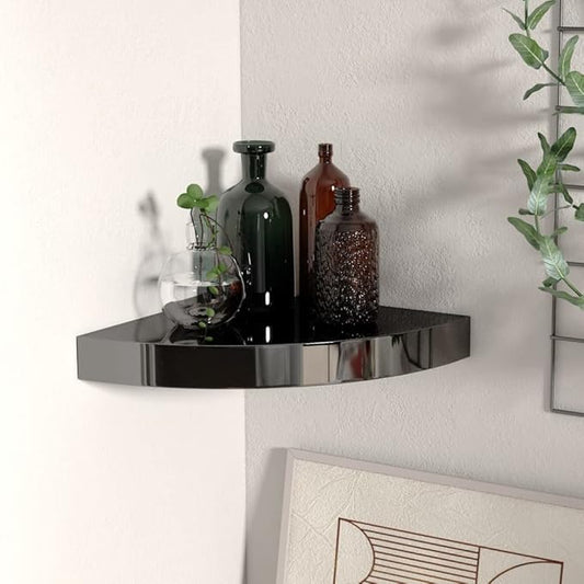 Floating Corner Shelf Wall Mounted 9.8"x9.8"x1.5" High Gloss Black Honeycomb MDF with Invisible Bracket for Bathroom Bedroom Living Room Decor