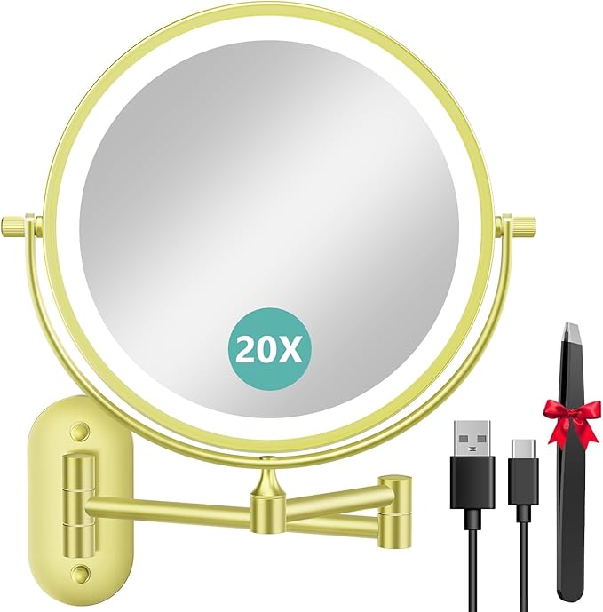 Auxmir 8'' Wall Mounted Lighted Makeup Mirror, 3200mAh Rechargeable Double-Sided 1X/20X Magnifying Mirror with Light, Touch Dimmable 3 Color Light, 360° Rotation Foldable Extended Arm, Gold