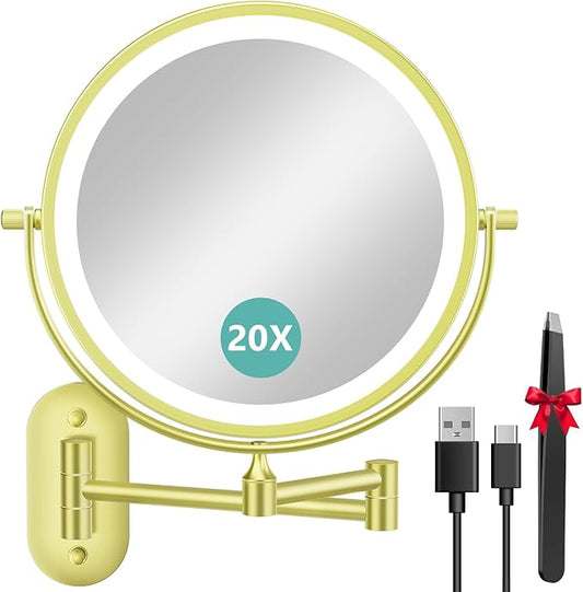 Auxmir 8'' Wall Mounted Lighted Makeup Mirror, 3200mAh Rechargeable Double-Sided 1X/20X Magnifying Mirror with Light, Touch Dimmable 3 Color Light, 360° Rotation Foldable Extended Arm, Gold