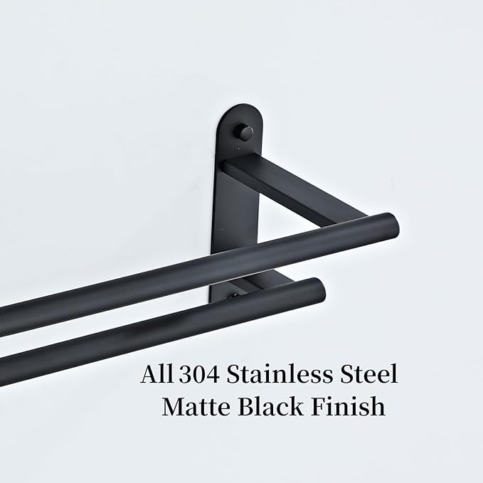 Towel Rack for Bathroom, Double Towel Bar 24 Inch Wall Mounted, Matte Black Stainless Steel Bathroom Towel Holder(Total Length 26-Inch)