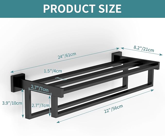 Double Towel Bar, 24 Inch Towel Racks for Bathroom Wall Mounted, Bathroom Towel Rack, Towel Rack with Shelf, Stainless Steel Hand Towel Hanger, Bath Towel Holder for Wall, Black