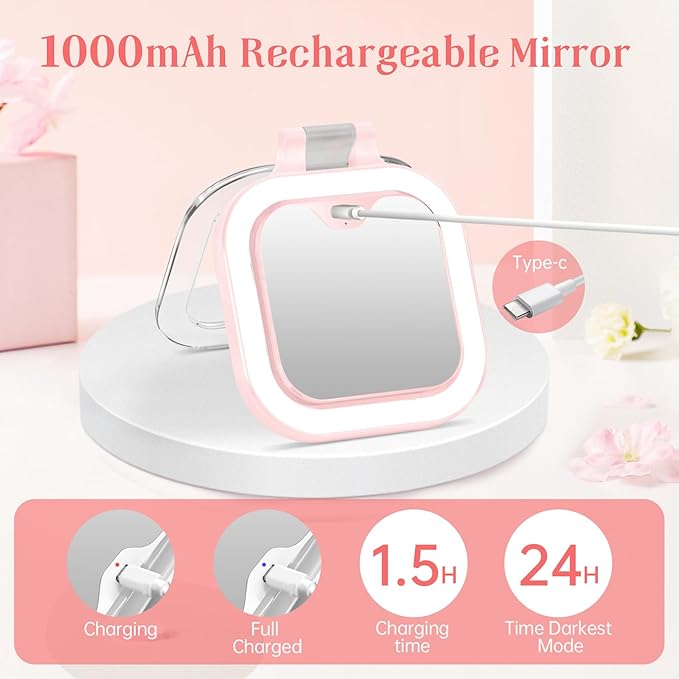 FASCINATE Compact Travel Makeup Mirror with Lights and Magnification, 3.5 inch Portable 1X/30X Magnifying Mirror with 3 Color Light, Folding, Handheld (Pink)