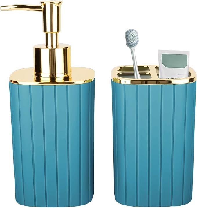 2PCS Bathroom Accessories Set, Teal Blue Bathroom Accessories Include Soap Dispenser and Toothbrush Holder for Boho Bathroom Decor
