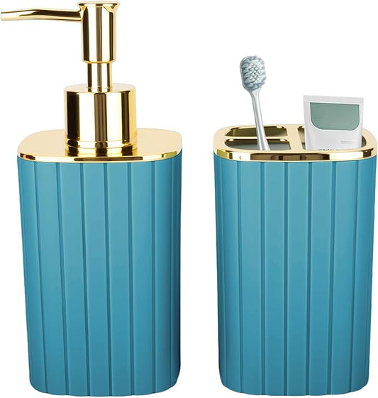 2PCS Bathroom Accessories Set, Teal Blue Bathroom Accessories Include Soap Dispenser and Toothbrush Holder for Boho Bathroom Decor