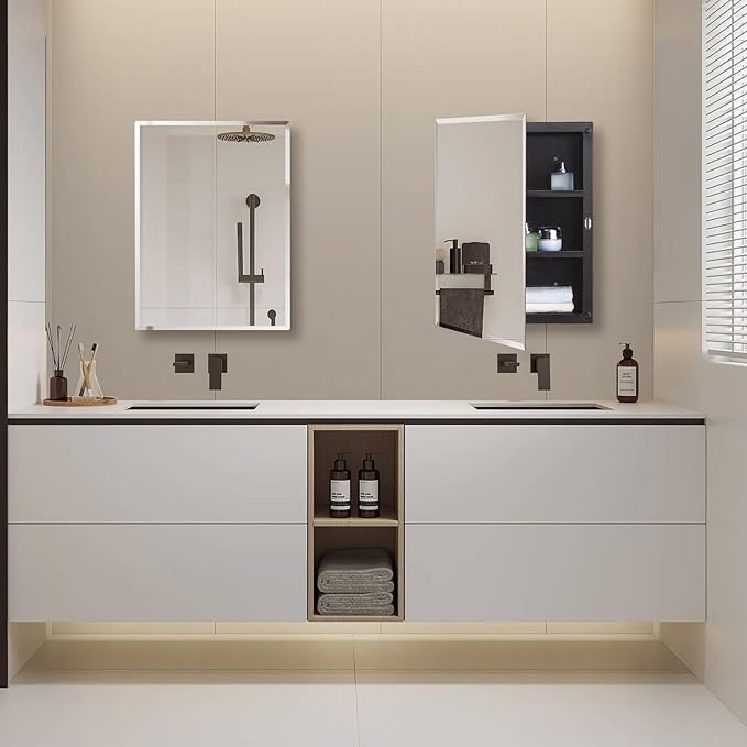 IDYLLOR Black Plastic Bathroom Medicine Mirror Cabinet Beveled Edge, 16 x 20 inch, Surface and Recessed Mount