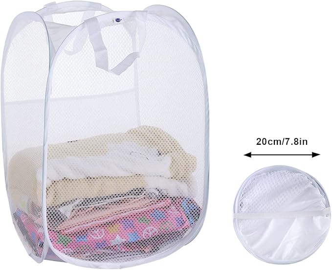 SPINFOX Pop Up Collapsible Laundry Baskets, 2 Pack Foldable Mesh Popup Laundry Hamper with Reinforced Carry Handles, Mesh Laundry Basket for Kids Room College Dorm or Travel(White)