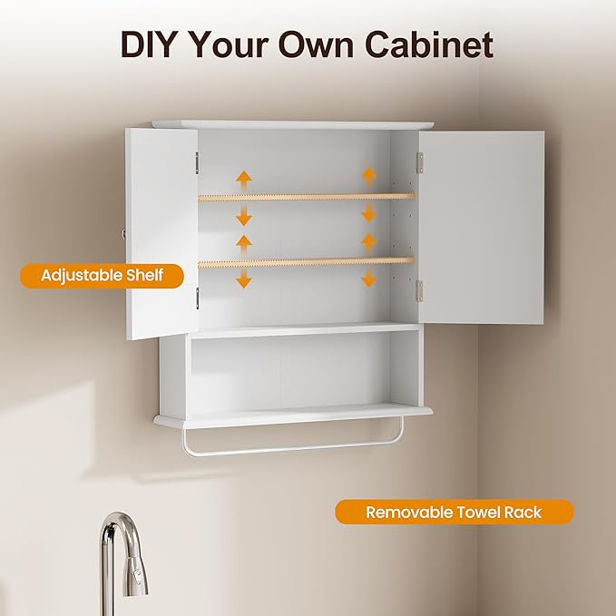 RoyalCraft Bathroom Wall Cabinet with Mirror, Over the Toilet Storage Cabinet with Towel Rack and Adjustable Shelf, Large Bathroom Medicine Cabinet Wall Mount 22x25 inch (White)