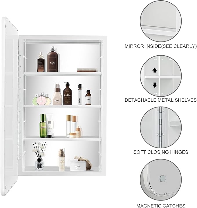 White Bathroom Medicine Cabinet with Mirror 17 x 27 Metal Frame Recessed Or Wall Mounted Single Door Storage Medicine Cabinets with Adjustable Shelves Rounded Corner Beveled Mirrors