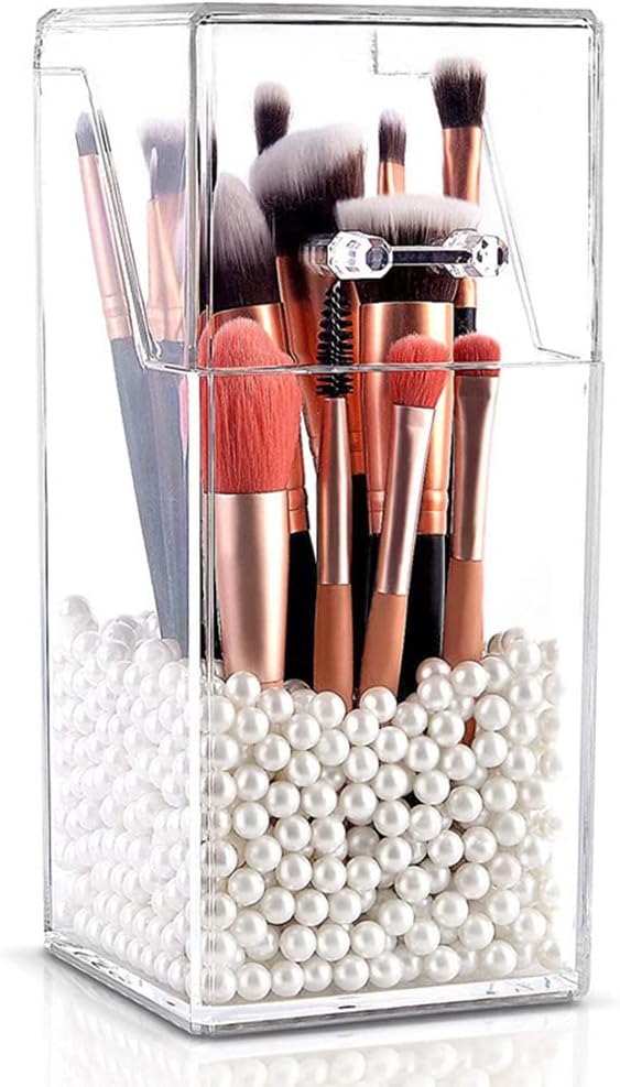 EUBUY Acrylic Makeup Organizer, Clear Cosmetic Makeup Brush Organizer and Storage Box with Cover for Vanity, Large-capacity Quickly Organize the Desktop(No pearls)