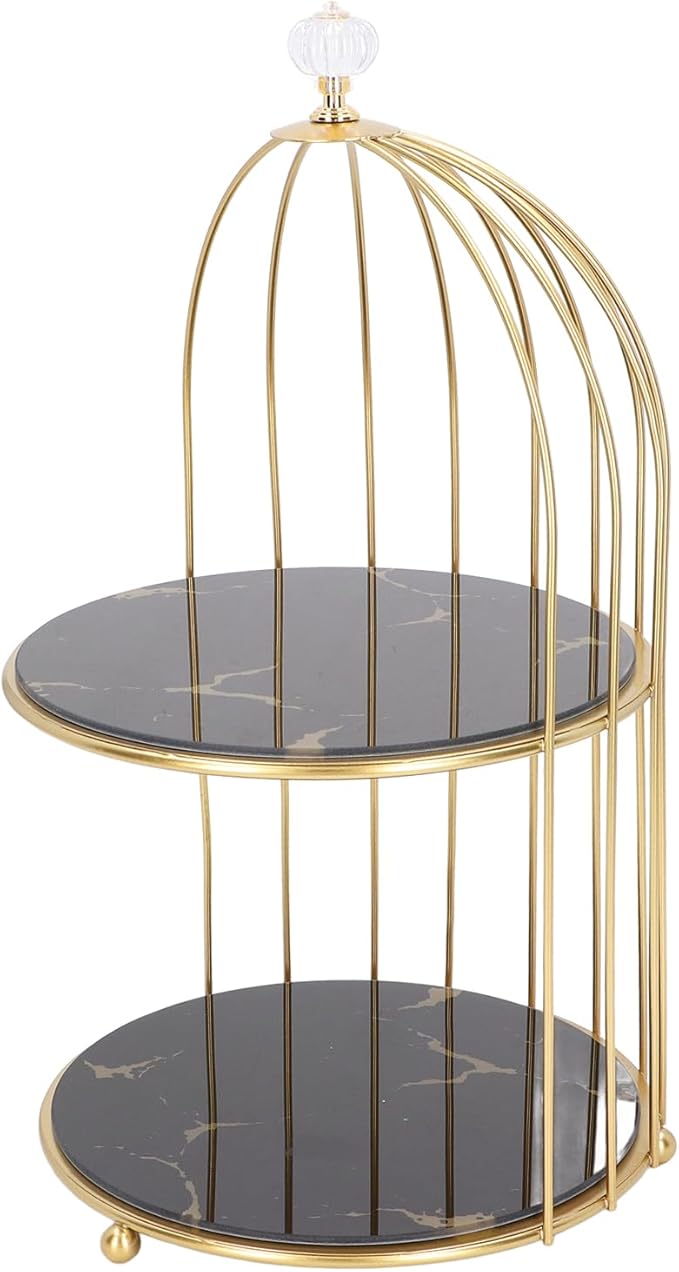 Double Layer Storage Shelf Bird Cage Organizer Display Rack for Bathroom Countertop Dressing Table Gold Frame (Black Base Gold Pattern)