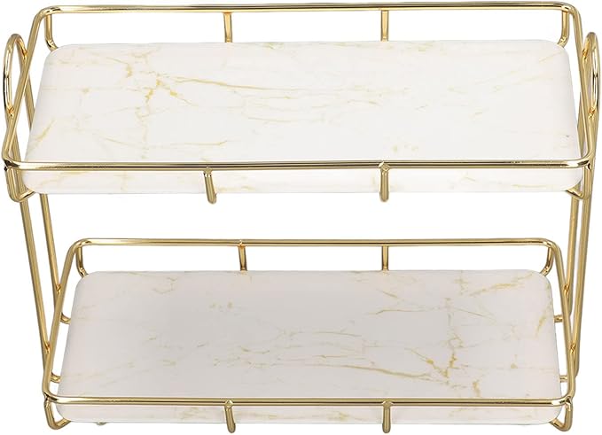 Bathroom Shelves, 2 Tier Bathroom Shelf Countertop Standing Shelf with Partition Cosmetic Storage Rack Holder Gold