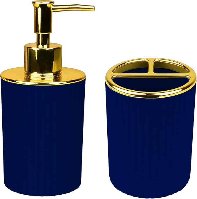 Bathroom Accessories Set, 2-Piece Navy Blue & Gold Soap Dispenser & Toothbrush Holder, Modern ABS Vanity Organizer for Countertop, Minimalist Bathroom Decor