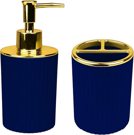 Bathroom Accessories Set, 2-Piece Navy Blue & Gold Soap Dispenser & Toothbrush Holder, Modern ABS Vanity Organizer for Countertop, Minimalist Bathroom Decor