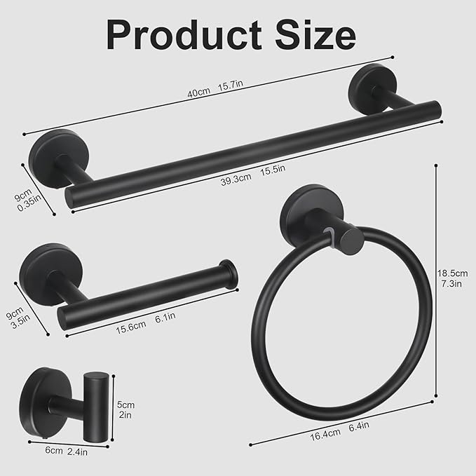 7Pcs Matte Black Bathroom Hardware Set - SUS Towel Racks for Bathroom Wall Mounted, Modern Accessories Includes 15.7 Inch Towel Bar & Ring, Toilet Paper Holders, Robe Hook - Need Drilling