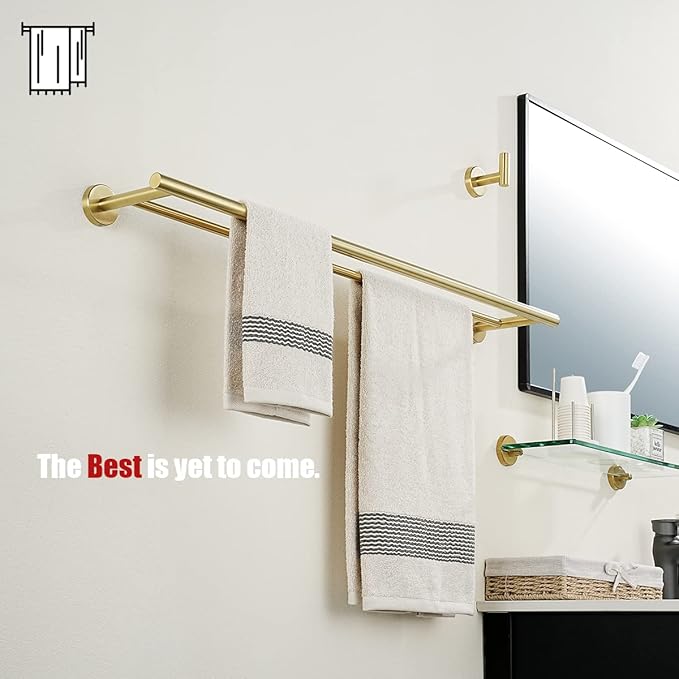 JQK Double Bath Towel Bar, Brushed Gold 33 Inch 304 Stainless Steel Thicken 0.8mm Towel Rack for Bathroom, Towel Holder Wall Mount, Useable Length 30 Inch 2 Pack, TB100L30-BG-P2