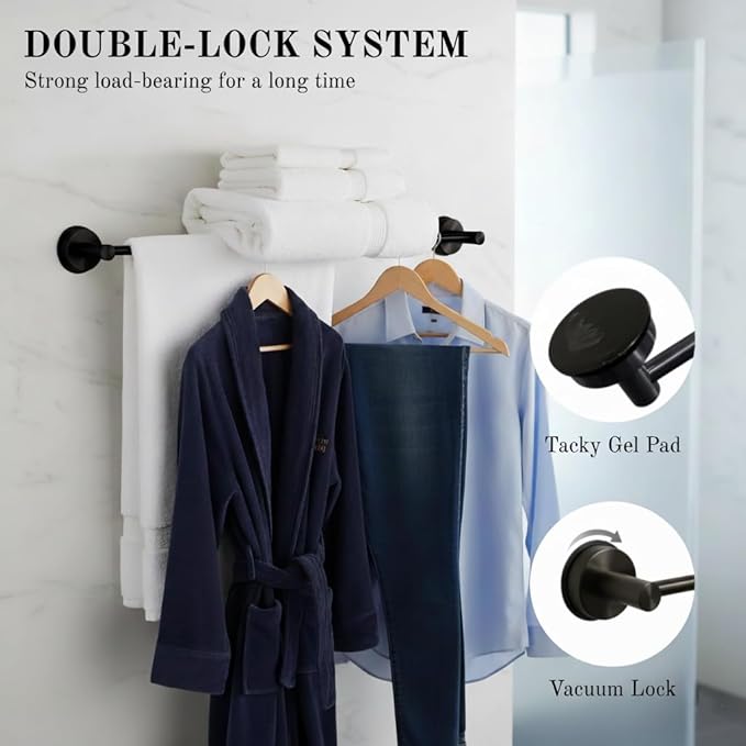 Suction Cup Towel Bar 17-28 Inch Adjustable Retractable Stainless Steel Towel Rack for Bathroom, RV & Renters - No Drill Heavy Duty Wall Mounted Holder, Removable for Glass & Tile (2, Black)