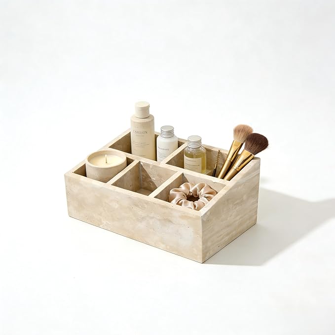 Marble Desk Organizer with 3 Compartments, White and Purple Pattern, Modern Design (Beige-pro)