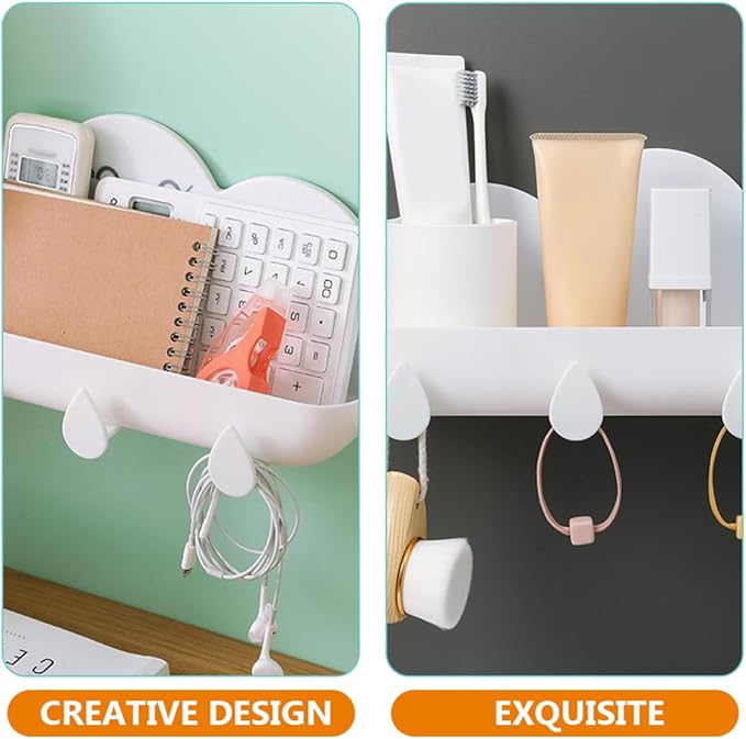 Cloud-Shaped Hanging Bathroom Shelf with Hooks, White Plastic Wall Storage Rack for Home Bathroom Organizer and Wall-Mounted Storage Basket