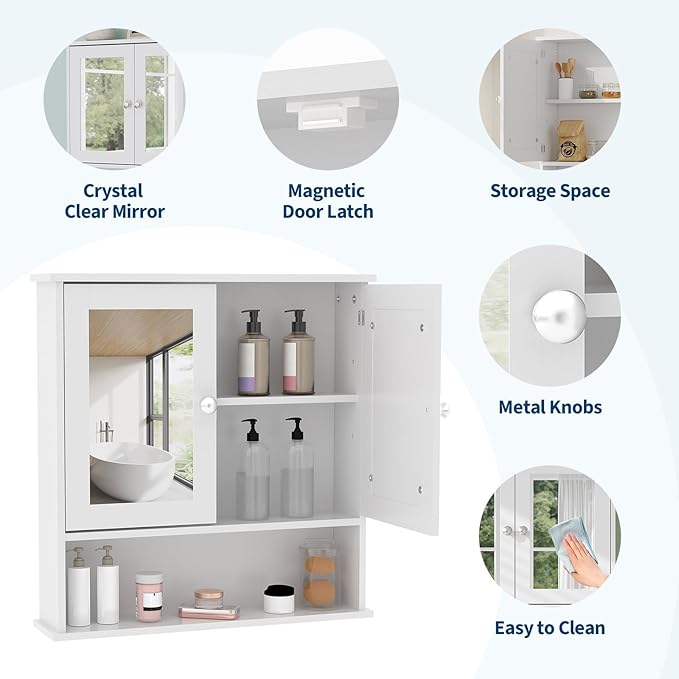 Bathroom Wall Cabinet with Mirrored Doors – Slim Medicine Cabinet with Adjustable Shelf – 2.2x23x5.1 Inch Compact Wall Cabinet for Bathroom, Kitchen, Laundry Room, Entryway
