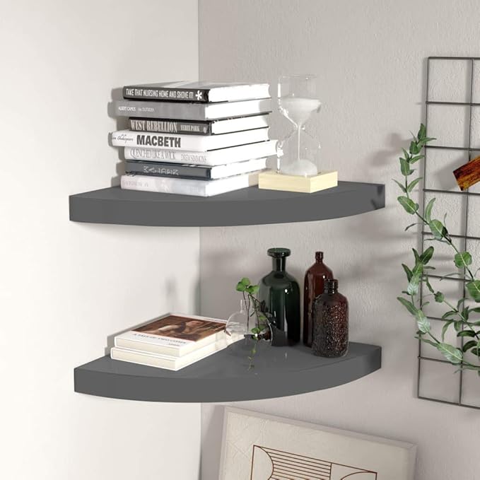 Floating Corner Shelves 2 Pack High Gloss Gray Wall Mounted Display Storage for Bathroom Kitchen Living Room Modern Home Decor 13.8x13.8x1.5 Inches