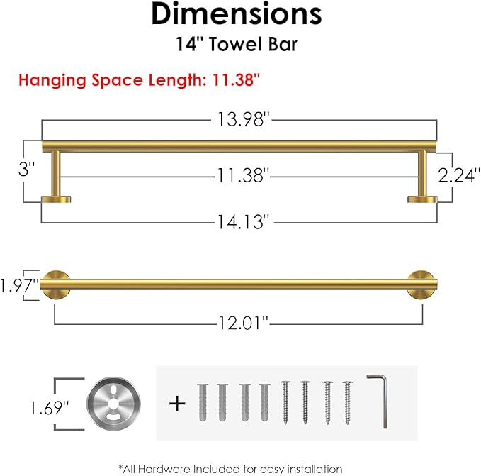 FORIOUS Towel Bar Wall Mounted, Stainless Steel Towel Racks for Bathroom, Includes Wall Mounting Hardware (Brushed Gold, 14 Inch)