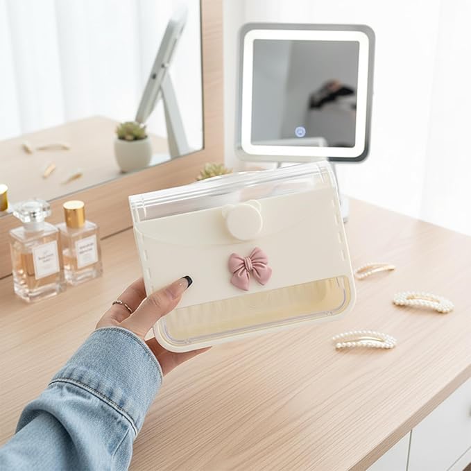 Clear Lid Lipstick Organizer with Bow Charm- Flip-Lid Compartment & Pull-Out Drawer Organizer for Makeup Accessories (Cream Yellow)