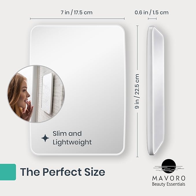 Mavoro 7x9 Travel Mirror | Small Wall Adhesive Mirror | Peel and Stick Wall Mount Travel Make up Mirror | Real Glass Vanity Mirror with Stand