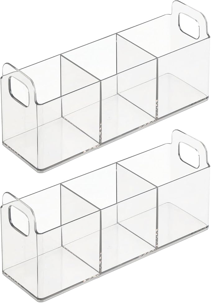 mDesign Plastic 3-Compartment Bathroom Organizer Storage Bin - Divided Makeup Caddy and Hair/Beauty Product Holder Tray - Perfect for Vanity, Counter, and Cabinet - Lumiere Collection, 2 Pack, Clear