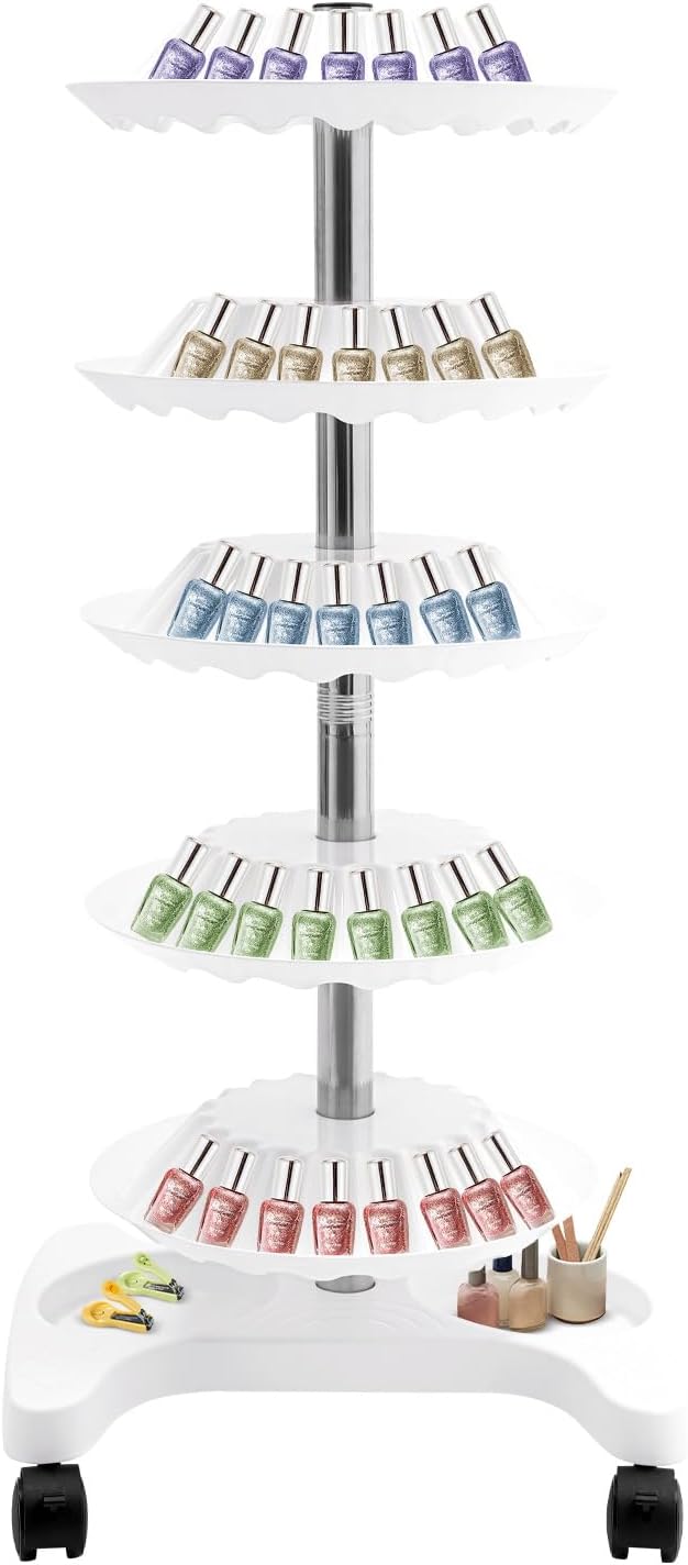 Nail Polish Trolley Organizer, 5 Tiers 360° Rotating Tray Nail Polish Spinning Rack Display Stand with Wheels, Display Rolling Cart for Spa Home Use